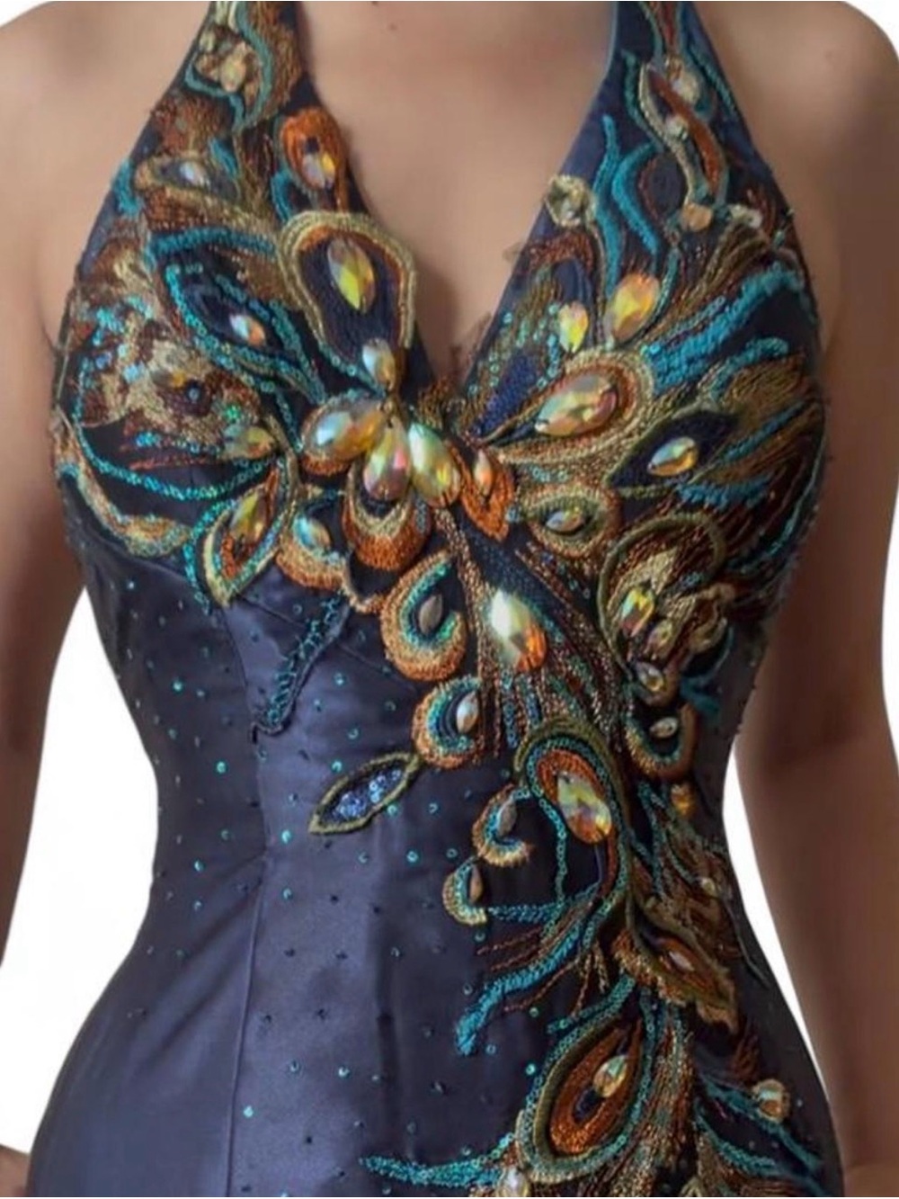 Vintage Tony Bowls Evenings Peacock Beaded Halter Gown sz 6 - Picture 5 of 8